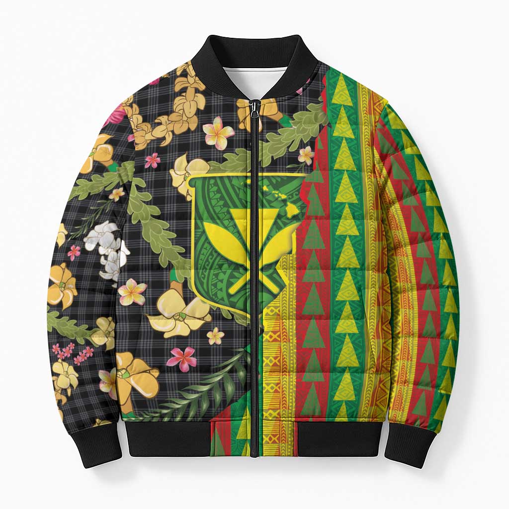 Hawaiian Tropical Plants Lei Bomber Puffer Jacket Kanaka Maoli Tribal with Palaka Motifs - Polynesian Pride