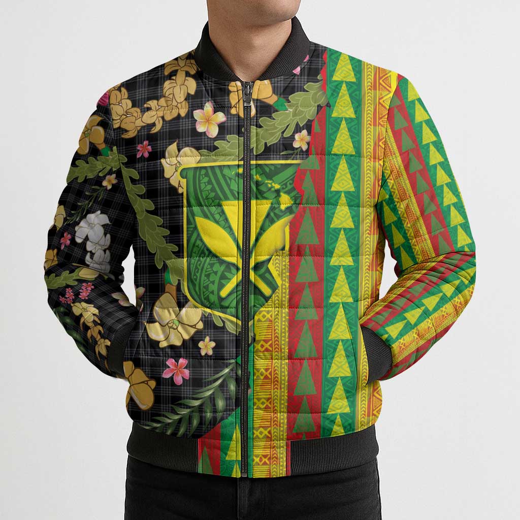 Hawaiian Tropical Plants Lei Bomber Puffer Jacket Kanaka Maoli Tribal with Palaka Motifs - Polynesian Pride