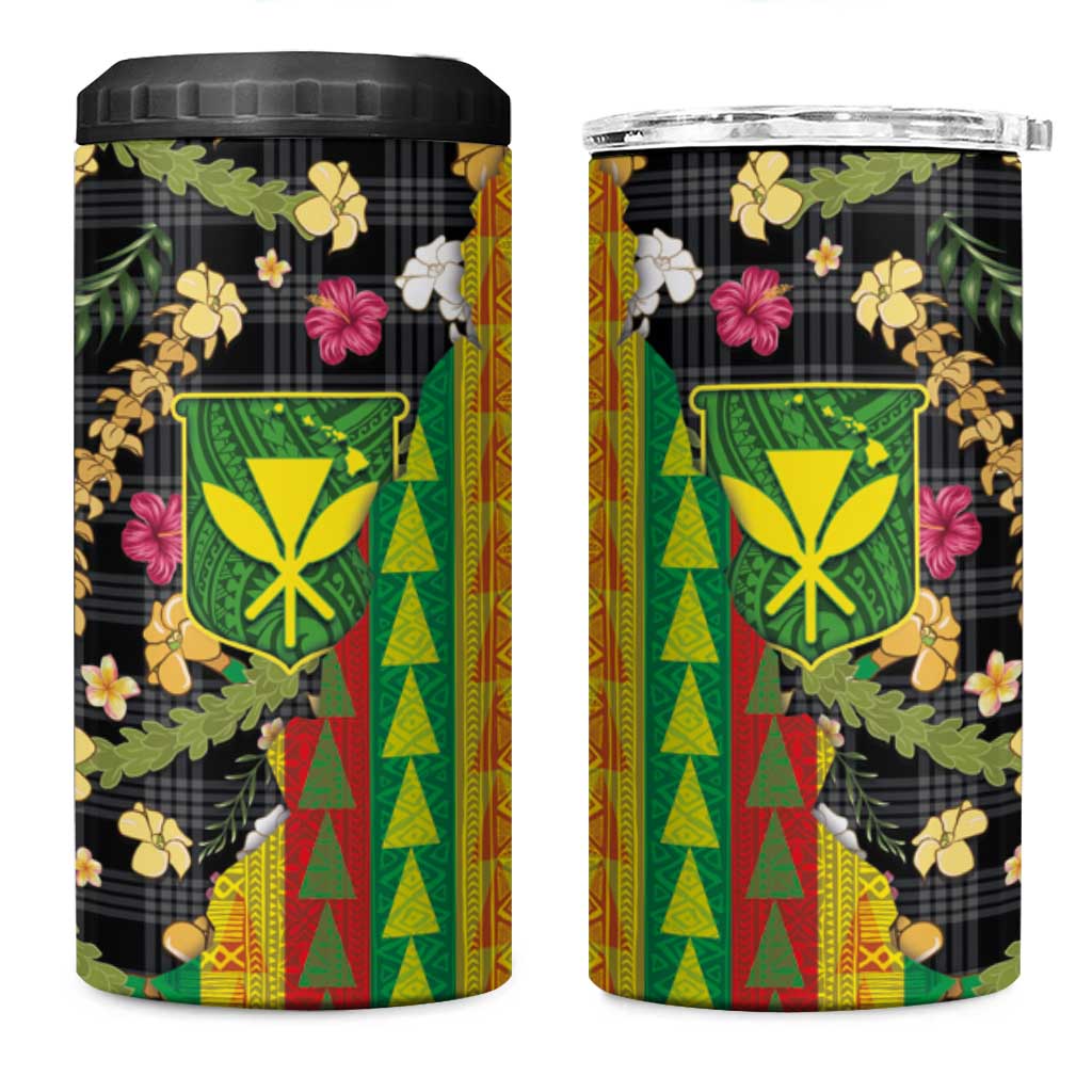 Hawaiian Tropical Plants Lei 4 in 1 Can Cooler Tumbler Kanaka Maoli Tribal with Palaka Motifs - Polynesian Pride