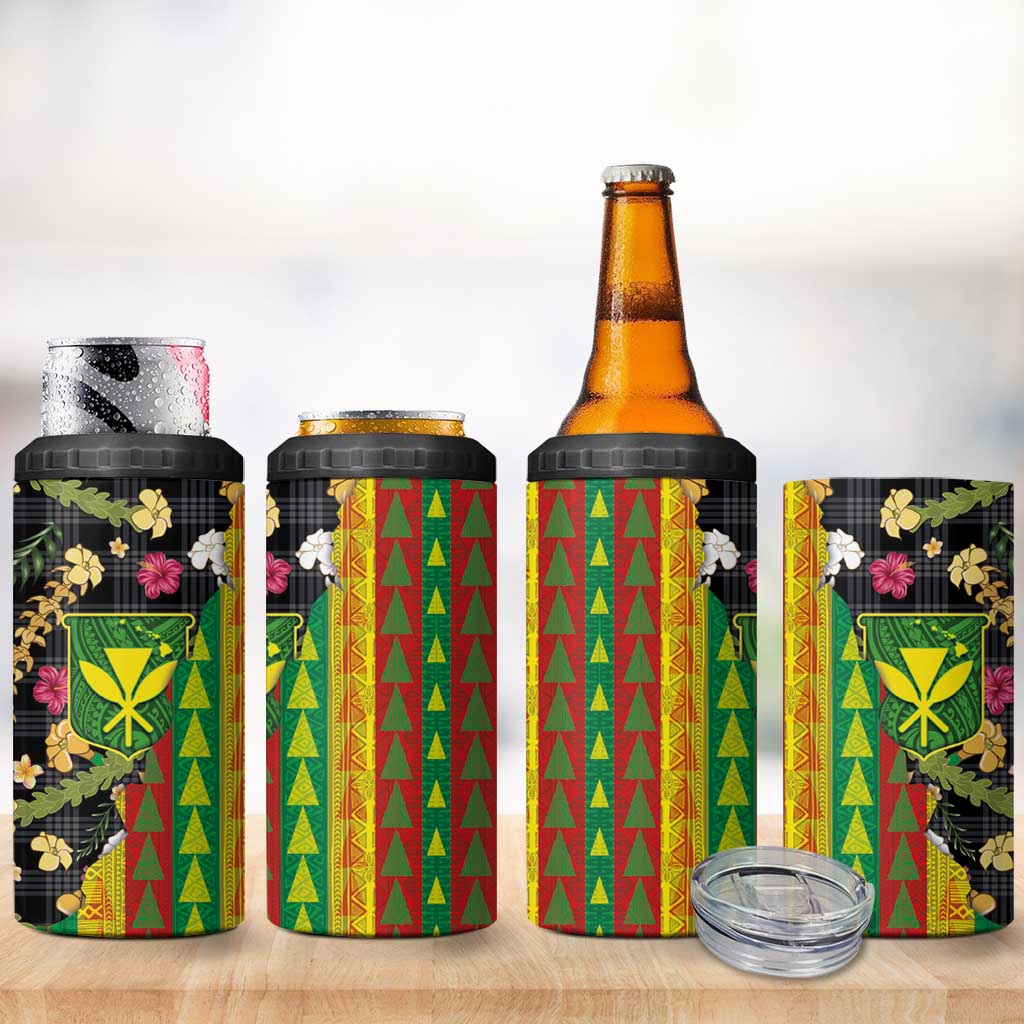 Hawaiian Tropical Plants Lei 4 in 1 Can Cooler Tumbler Kanaka Maoli Tribal with Palaka Motifs - Polynesian Pride