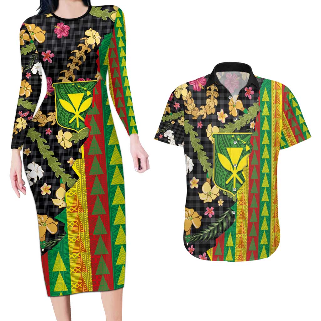 Hawaiian Tropical Plants Lei Couples Matching Long Sleeve Bodycon Dress and Hawaiian Shirt Kanaka Maoli Tribal with Palaka Motifs - Polynesian Pride