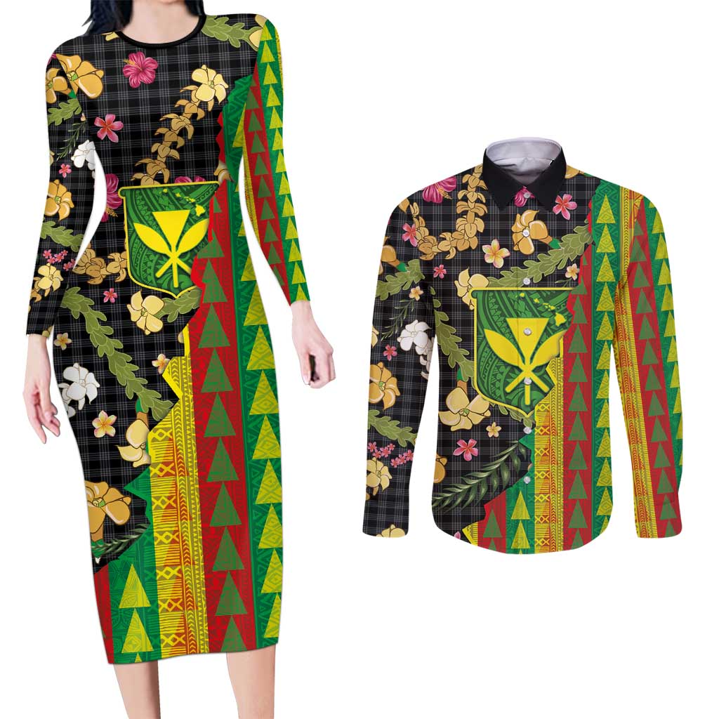 Hawaiian Tropical Plants Lei Couples Matching Long Sleeve Bodycon Dress and Long Sleeve Button Shirt Kanaka Maoli Tribal with Palaka Motifs - Polynesian Pride