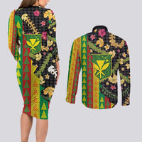 Hawaiian Tropical Plants Lei Couples Matching Long Sleeve Bodycon Dress and Long Sleeve Button Shirt Kanaka Maoli Tribal with Palaka Motifs - Polynesian Pride