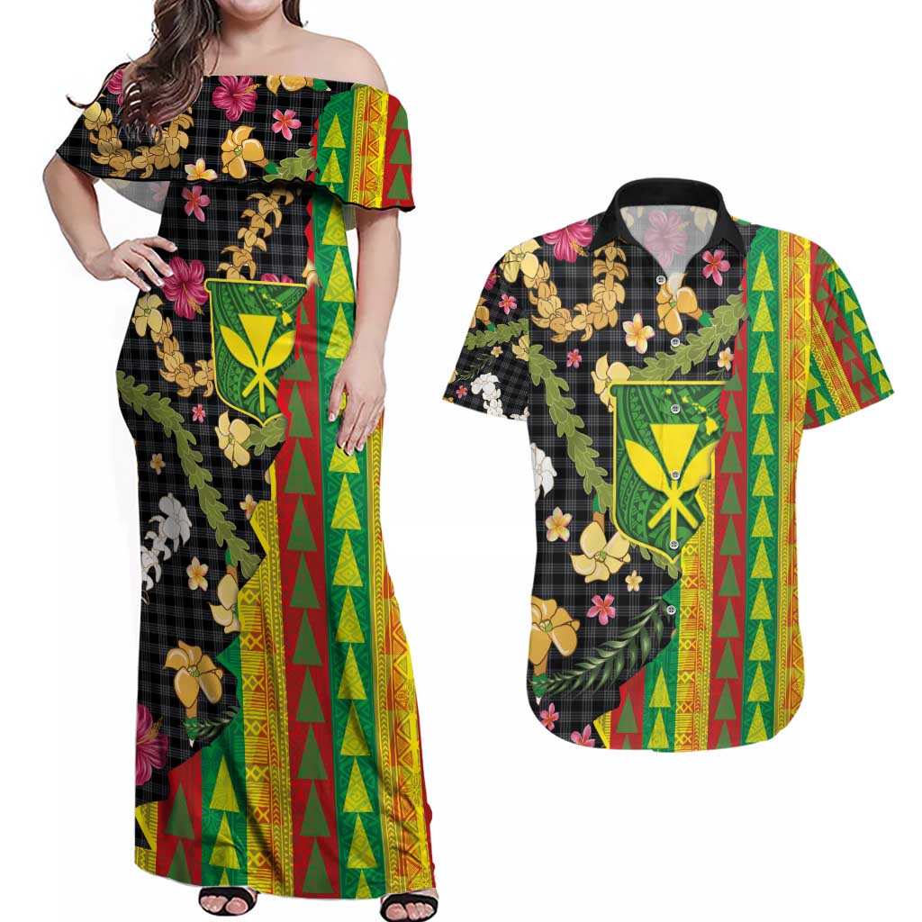 Hawaiian Tropical Plants Lei Couples Matching Off Shoulder Maxi Dress and Hawaiian Shirt Kanaka Maoli Tribal with Palaka Motifs - Polynesian Pride