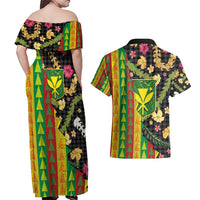 Hawaiian Tropical Plants Lei Couples Matching Off Shoulder Maxi Dress and Hawaiian Shirt Kanaka Maoli Tribal with Palaka Motifs - Polynesian Pride