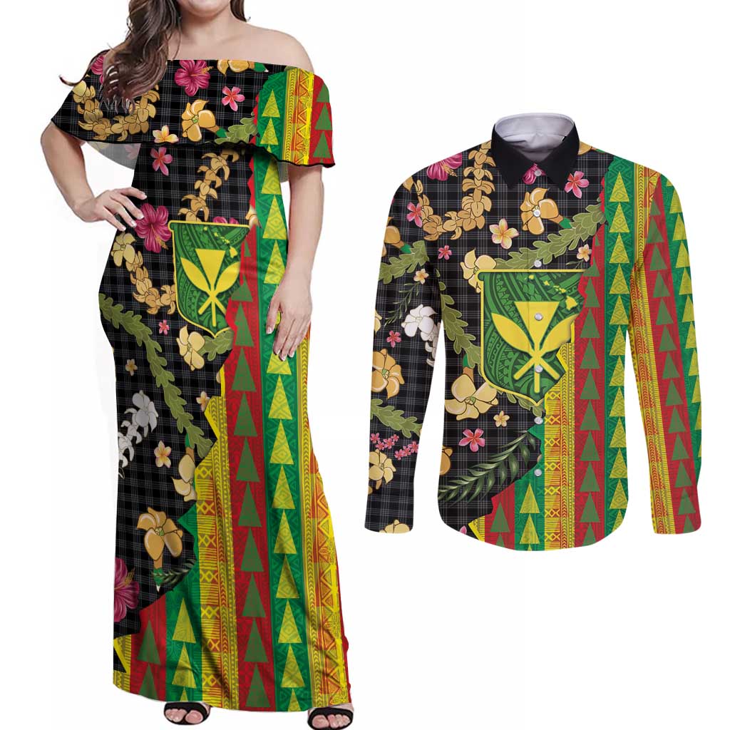 Hawaiian Tropical Plants Lei Couples Matching Off Shoulder Maxi Dress and Long Sleeve Button Shirt Kanaka Maoli Tribal with Palaka Motifs - Polynesian Pride