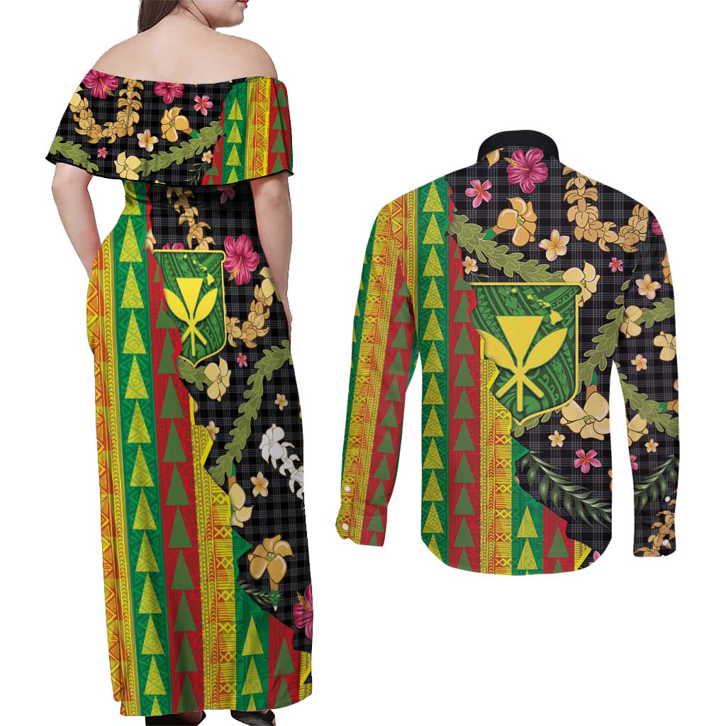 Hawaiian Tropical Plants Lei Couples Matching Off Shoulder Maxi Dress and Long Sleeve Button Shirt Kanaka Maoli Tribal with Palaka Motifs - Polynesian Pride