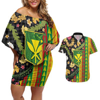 Hawaiian Tropical Plants Lei Couples Matching Off Shoulder Short Dress and Hawaiian Shirt Kanaka Maoli Tribal with Palaka Motifs - Polynesian Pride