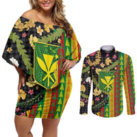 Hawaiian Tropical Plants Lei Couples Matching Off Shoulder Short Dress and Long Sleeve Button Shirt Kanaka Maoli Tribal with Palaka Motifs - Polynesian Pride
