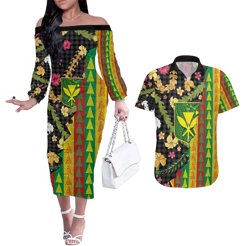 Hawaiian Tropical Plants Lei Couples Matching Off The Shoulder Long Sleeve Dress and Hawaiian Shirt Kanaka Maoli Tribal with Palaka Motifs - Polynesian Pride