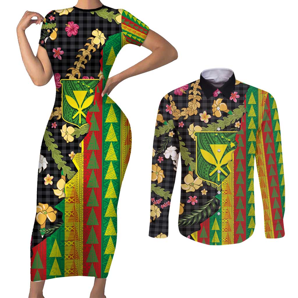 Hawaiian Tropical Plants Lei Couples Matching Short Sleeve Bodycon Dress and Long Sleeve Button Shirt Kanaka Maoli Tribal with Palaka Motifs - Polynesian Pride