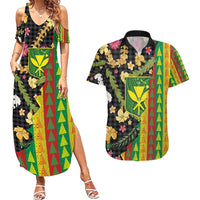 Hawaiian Tropical Plants Lei Couples Matching Summer Maxi Dress and Hawaiian Shirt Kanaka Maoli Tribal with Palaka Motifs - Polynesian Pride