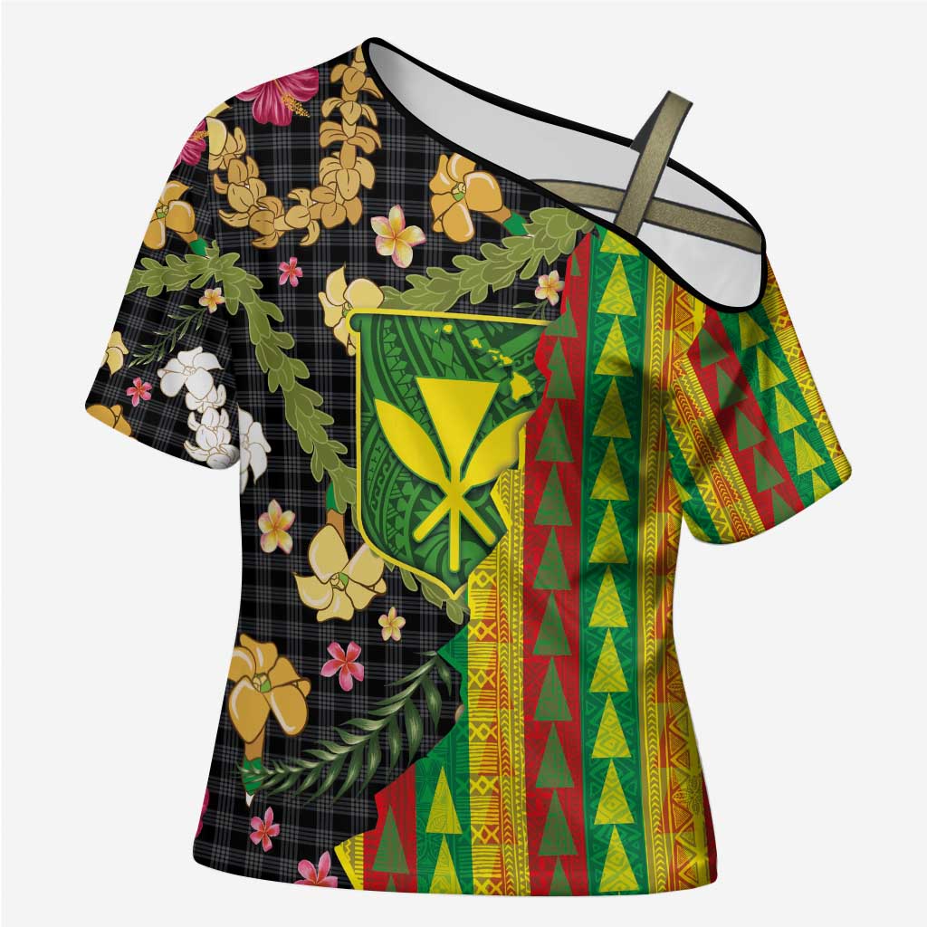 Hawaiian Tropical Plants Lei Cross Shoulder Shirt Kanaka Maoli Tribal with Palaka Motifs - Polynesian Pride