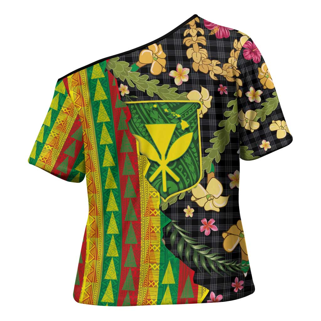 Hawaiian Tropical Plants Lei Cross Shoulder Shirt Kanaka Maoli Tribal with Palaka Motifs - Polynesian Pride
