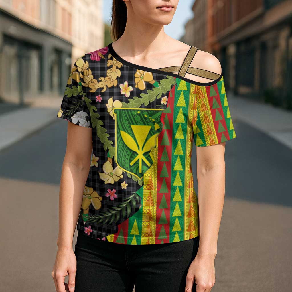 Hawaiian Tropical Plants Lei Cross Shoulder Shirt Kanaka Maoli Tribal with Palaka Motifs - Polynesian Pride