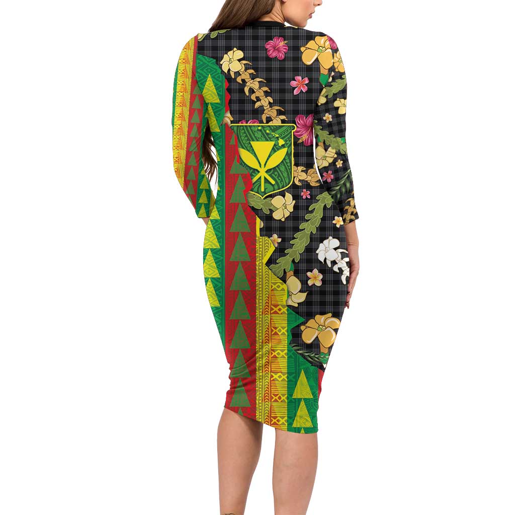Hawaiian Tropical Plants Lei Family Matching Long Sleeve Bodycon Dress and Hawaiian Shirt Kanaka Maoli Tribal with Palaka Motifs - Polynesian Pride