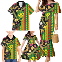 Hawaiian Tropical Plants Lei Family Matching Mermaid Dress and Hawaiian Shirt Kanaka Maoli Tribal with Palaka Motifs - Polynesian Pride