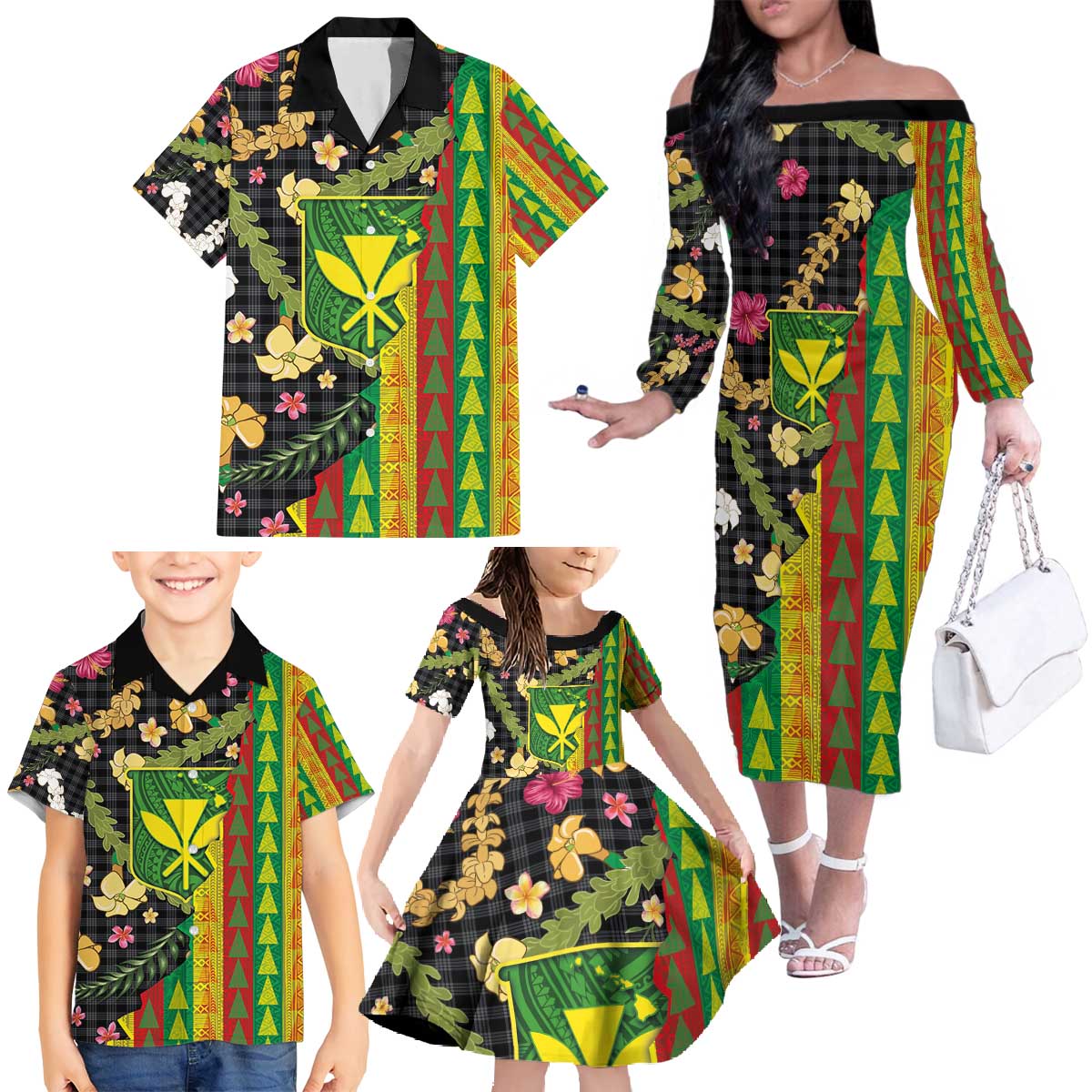 Hawaiian Tropical Plants Lei Family Matching Off The Shoulder Long Sleeve Dress and Hawaiian Shirt Kanaka Maoli Tribal with Palaka Motifs - Polynesian Pride