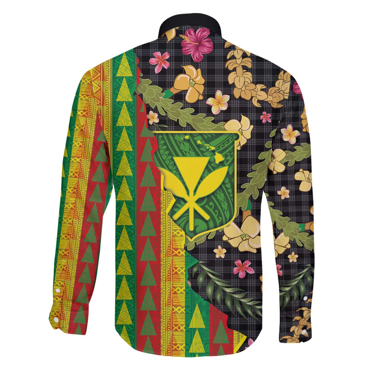 Hawaiian Tropical Plants Lei Family Matching Off The Shoulder Long Sleeve Dress and Hawaiian Shirt Kanaka Maoli Tribal with Palaka Motifs - Polynesian Pride