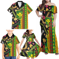 Hawaiian Tropical Plants Lei Family Matching Off Shoulder Maxi Dress and Hawaiian Shirt Kanaka Maoli Tribal with Palaka Motifs - Polynesian Pride