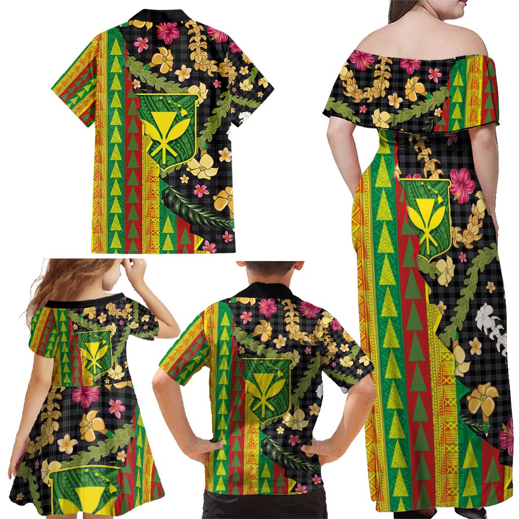Hawaiian Tropical Plants Lei Family Matching Off Shoulder Maxi Dress and Hawaiian Shirt Kanaka Maoli Tribal with Palaka Motifs - Polynesian Pride