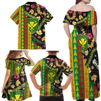 Hawaiian Tropical Plants Lei Family Matching Off Shoulder Maxi Dress and Hawaiian Shirt Kanaka Maoli Tribal with Palaka Motifs - Polynesian Pride
