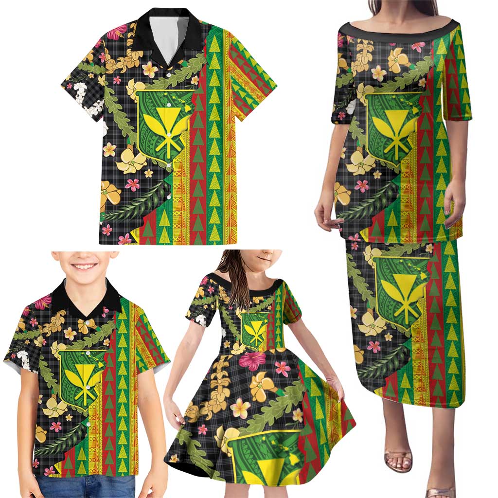 Hawaiian Tropical Plants Lei Family Matching Puletasi and Hawaiian Shirt Kanaka Maoli Tribal with Palaka Motifs - Polynesian Pride
