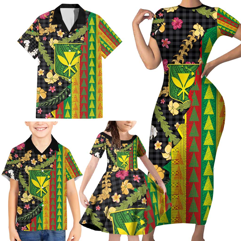 Hawaiian Tropical Plants Lei Family Matching Short Sleeve Bodycon Dress and Hawaiian Shirt Kanaka Maoli Tribal with Palaka Motifs - Polynesian Pride