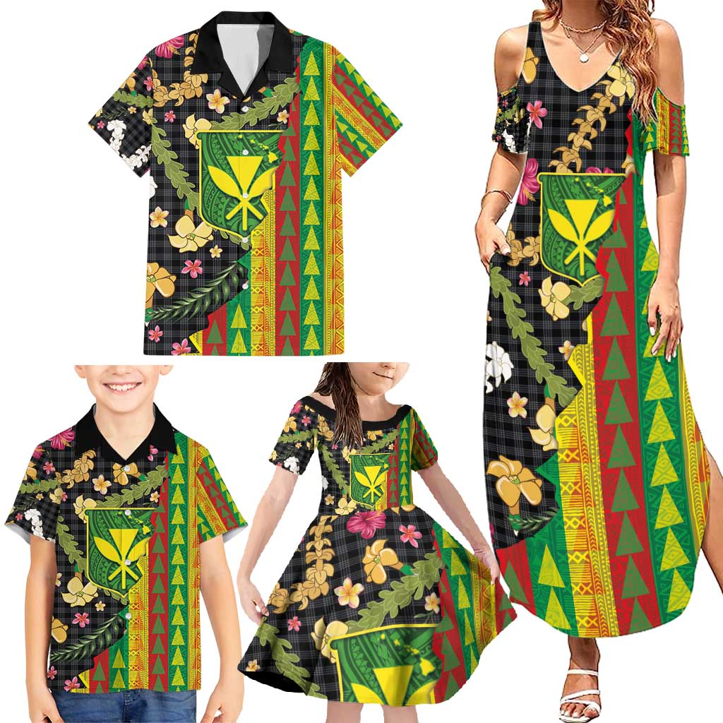 Hawaiian Tropical Plants Lei Family Matching Summer Maxi Dress and Hawaiian Shirt Kanaka Maoli Tribal with Palaka Motifs - Polynesian Pride