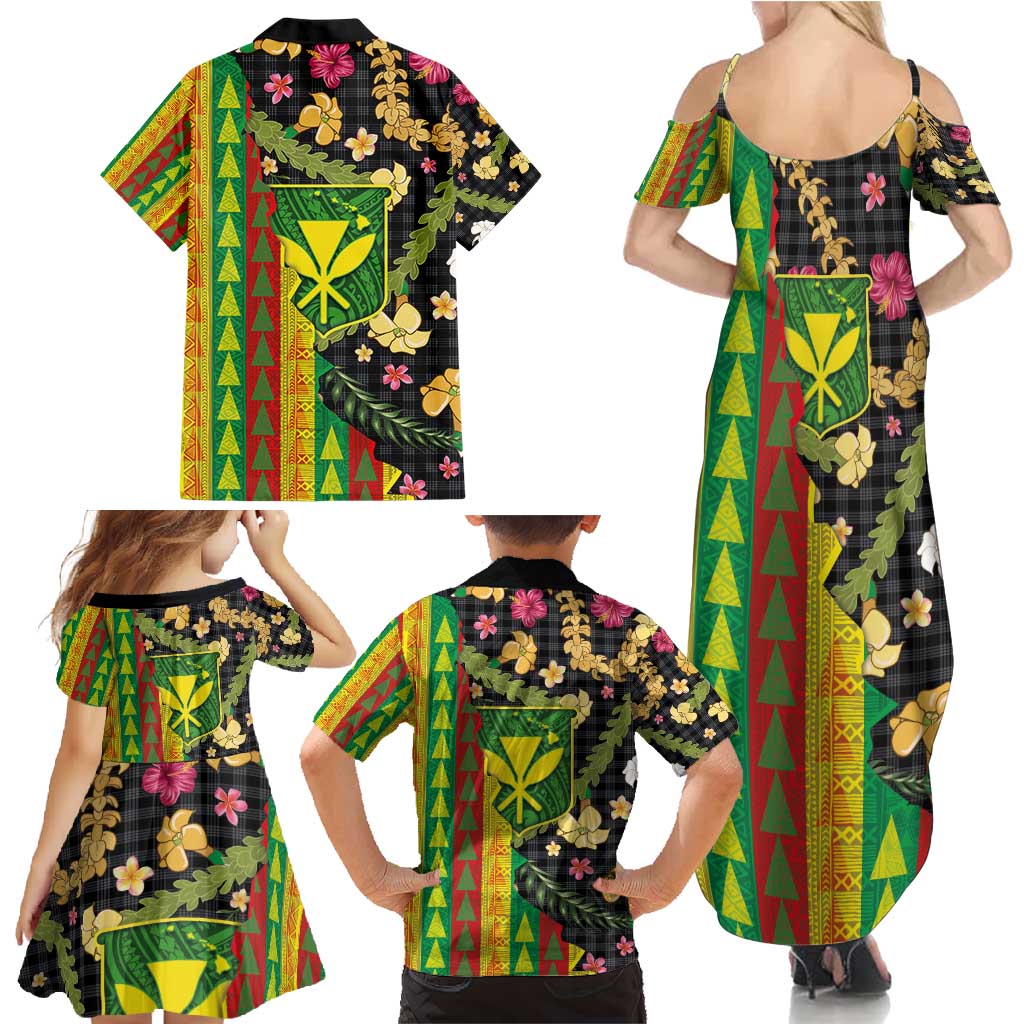 Hawaiian Tropical Plants Lei Family Matching Summer Maxi Dress and Hawaiian Shirt Kanaka Maoli Tribal with Palaka Motifs - Polynesian Pride