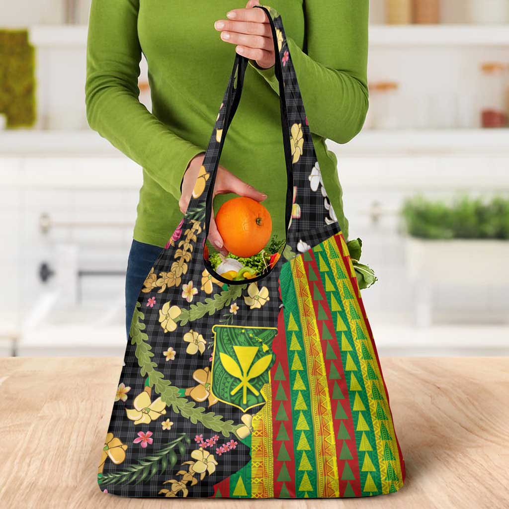 Hawaiian Tropical Plants Lei Grocery Bag Kanaka Maoli Tribal with Palaka Motifs - Polynesian Pride