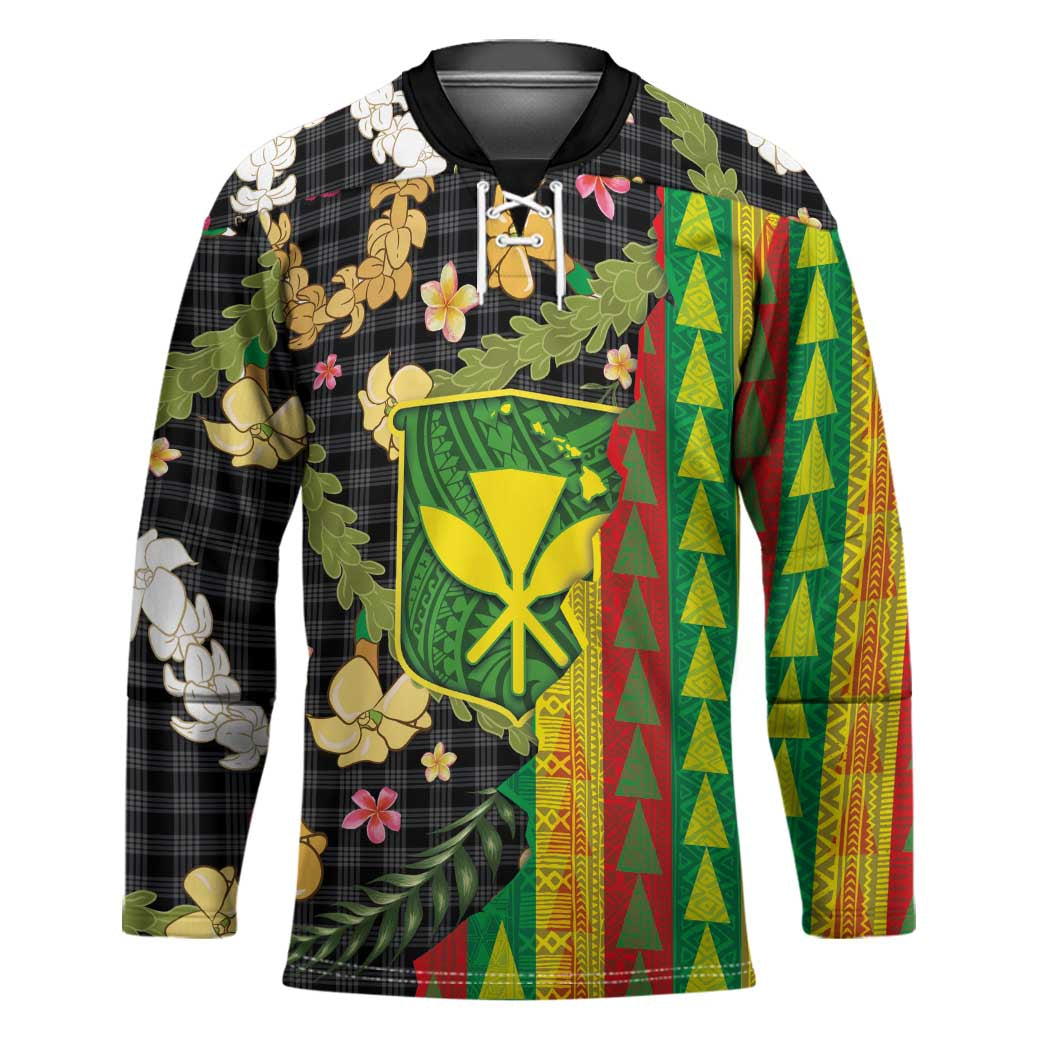 Hawaiian Tropical Plants Lei Hockey Jersey Kanaka Maoli Tribal with Palaka Motifs - Polynesian Pride
