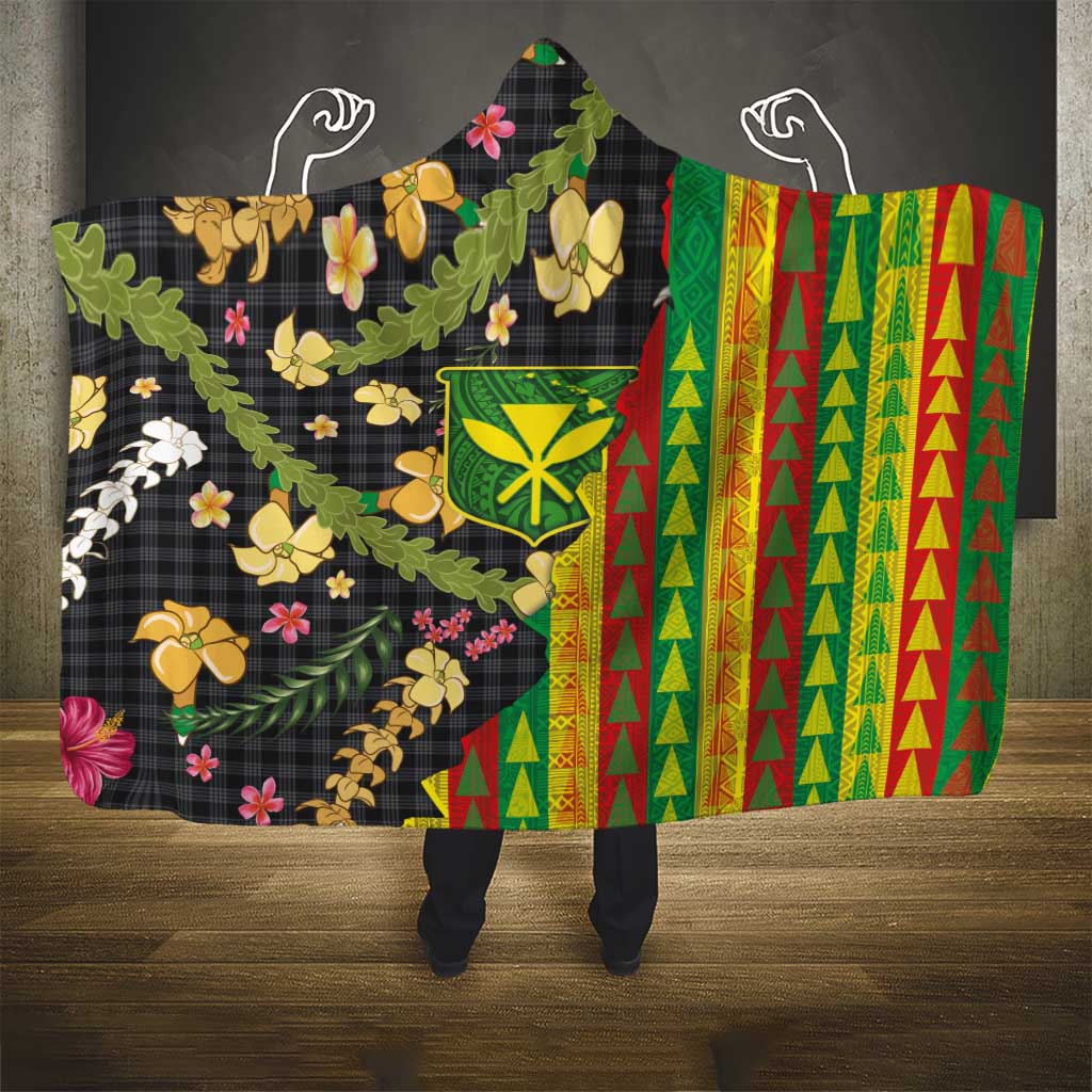 Hawaiian Tropical Plants Lei Hooded Blanket Kanaka Maoli Tribal with Palaka Motifs - Polynesian Pride