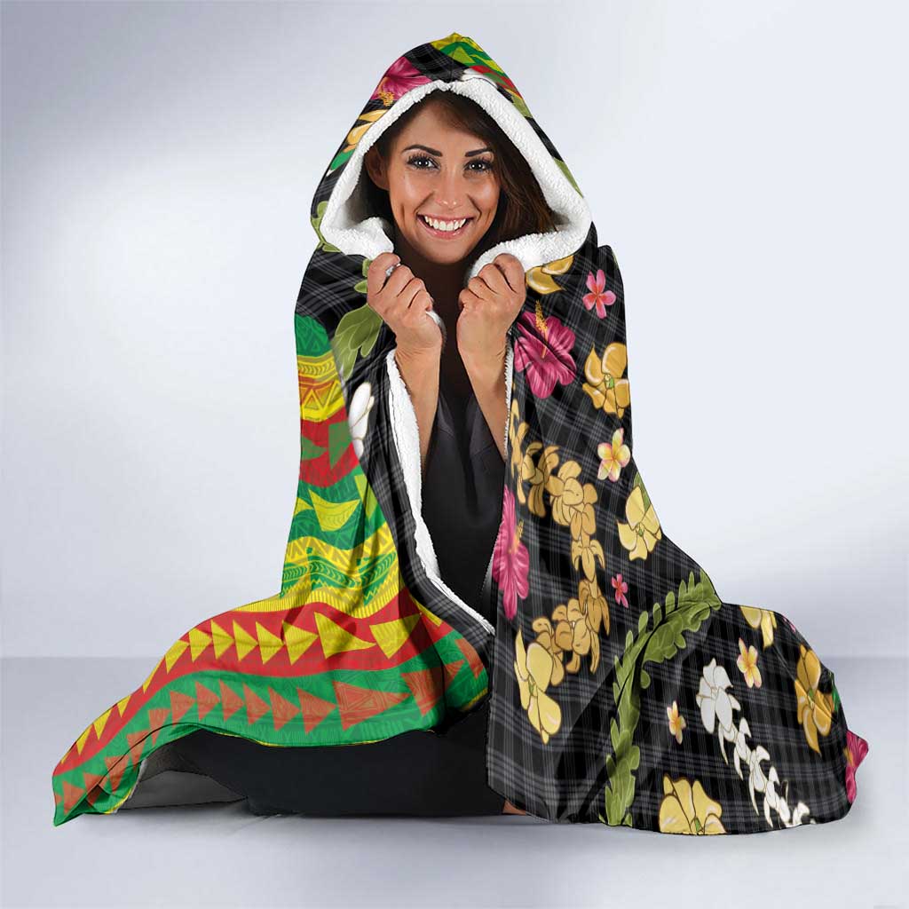 Hawaiian Tropical Plants Lei Hooded Blanket Kanaka Maoli Tribal with Palaka Motifs - Polynesian Pride