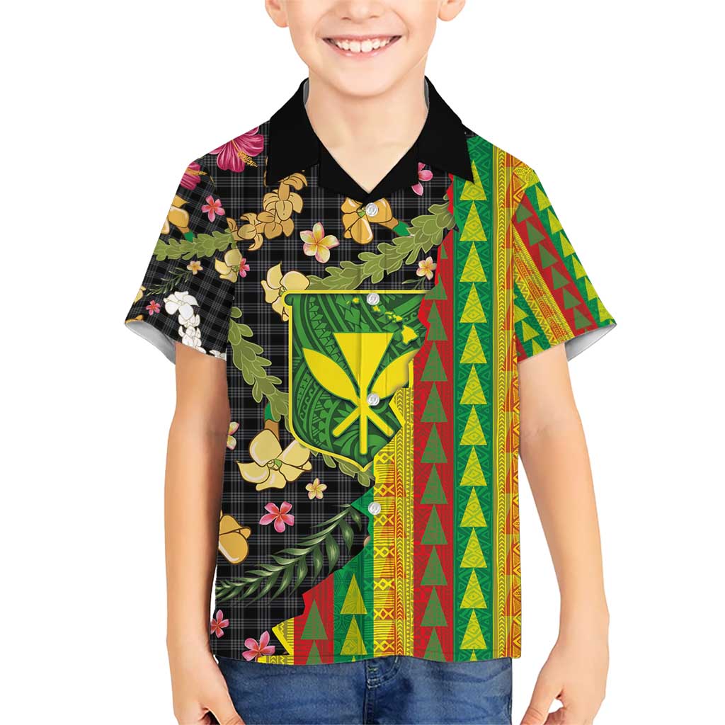 Hawaiian Tropical Plants Lei Kid Hawaiian Shirt Kanaka Maoli Tribal with Palaka Motifs - Polynesian Pride