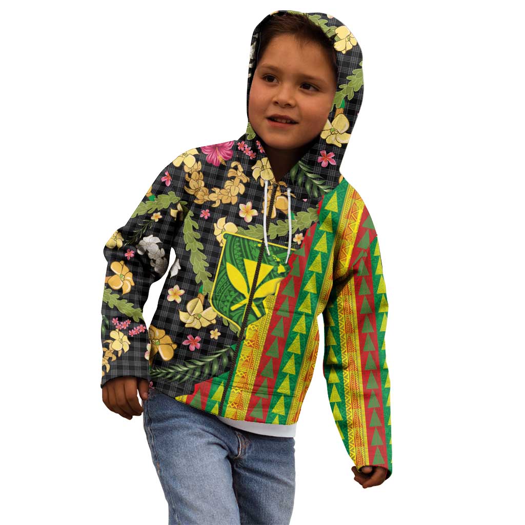Hawaiian Tropical Plants Lei Kid Hoodie Kanaka Maoli Tribal with Palaka Motifs - Polynesian Pride