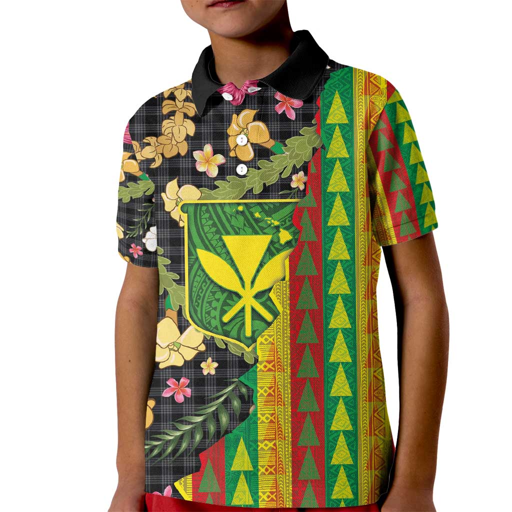 Hawaiian Tropical Plants Lei Kid Polo Shirt Kanaka Maoli Tribal with Palaka Motifs - Polynesian Pride