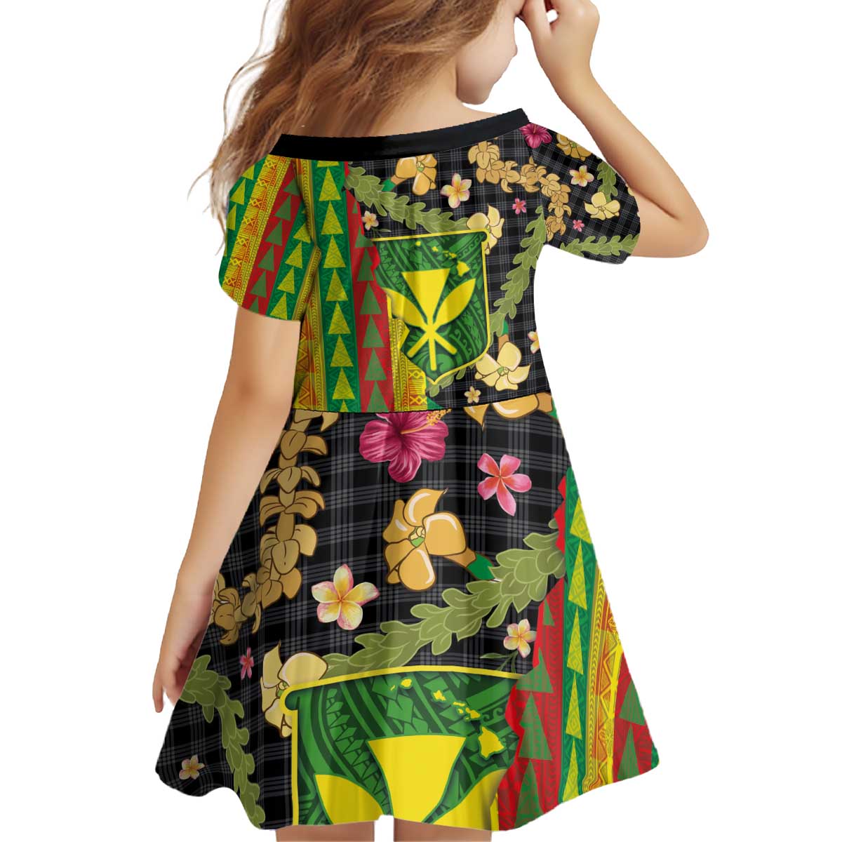 Hawaiian Tropical Plants Lei Kid Short Sleeve Dress Kanaka Maoli Tribal with Palaka Motifs - Polynesian Pride