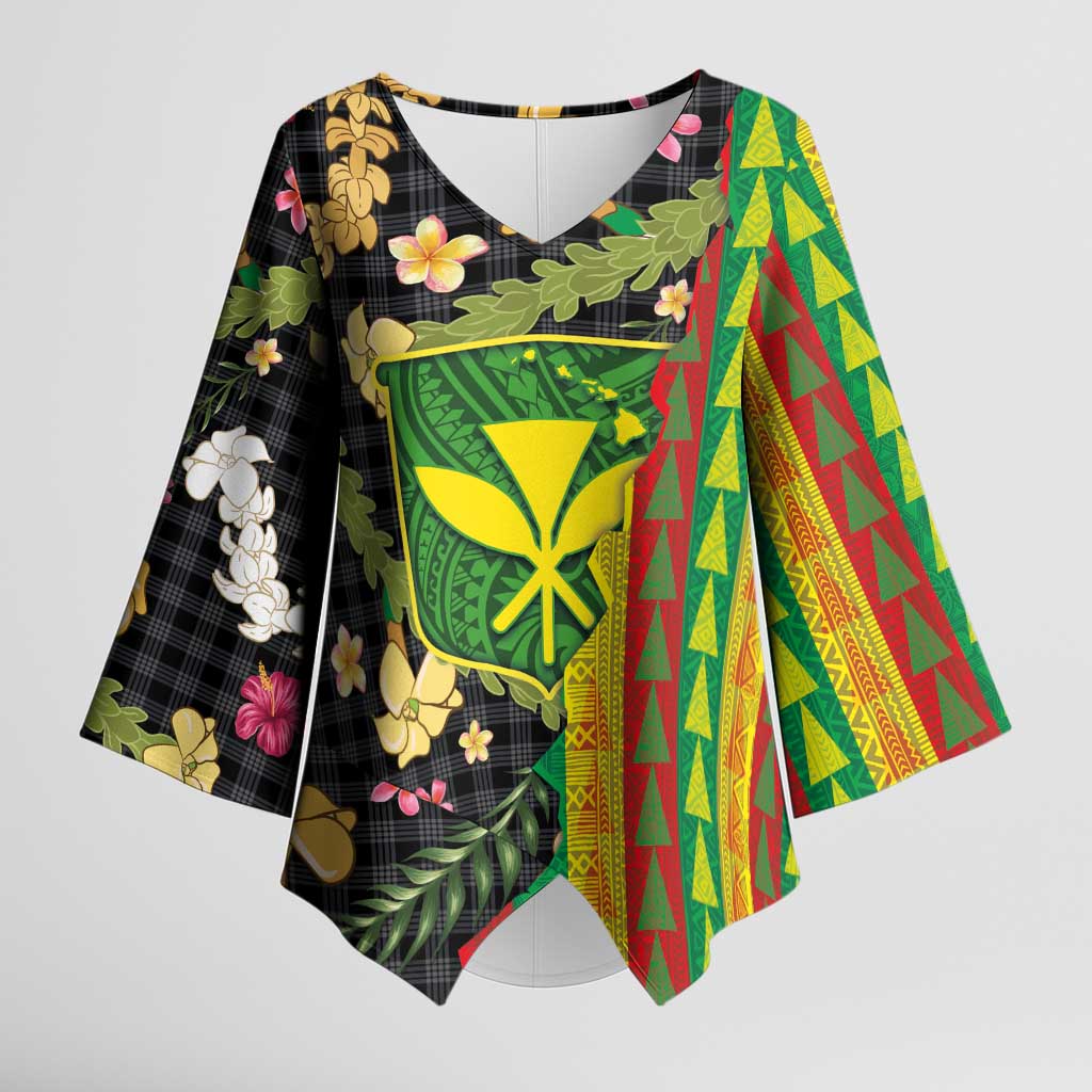 Hawaiian Tropical Plants Lei Kimono Sleeve Blouse Kanaka Maoli Tribal with Palaka Motifs - Polynesian Pride