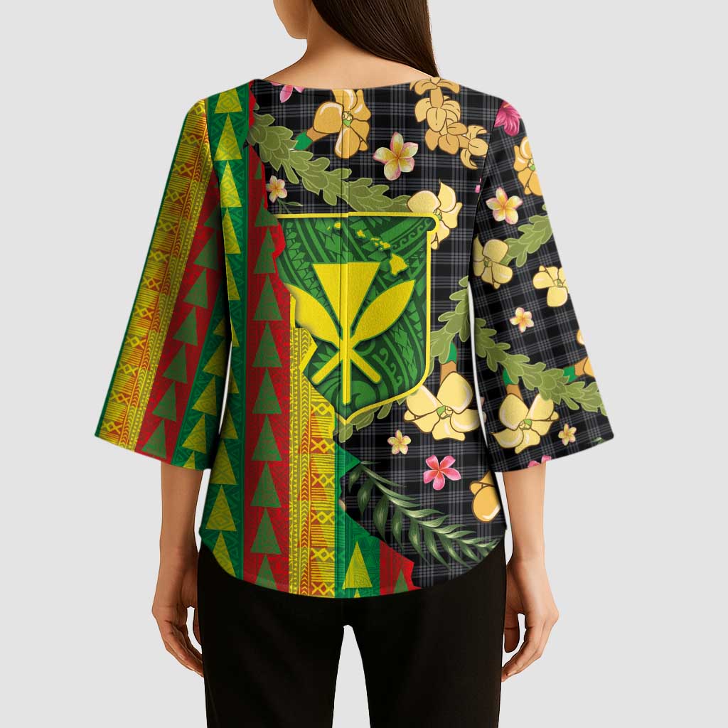 Hawaiian Tropical Plants Lei Kimono Sleeve Blouse Kanaka Maoli Tribal with Palaka Motifs - Polynesian Pride
