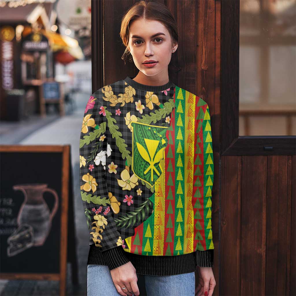 Hawaiian Tropical Plants Lei Ugly Christmas Sweater Kanaka Maoli Tribal with Palaka Motifs - Polynesian Pride