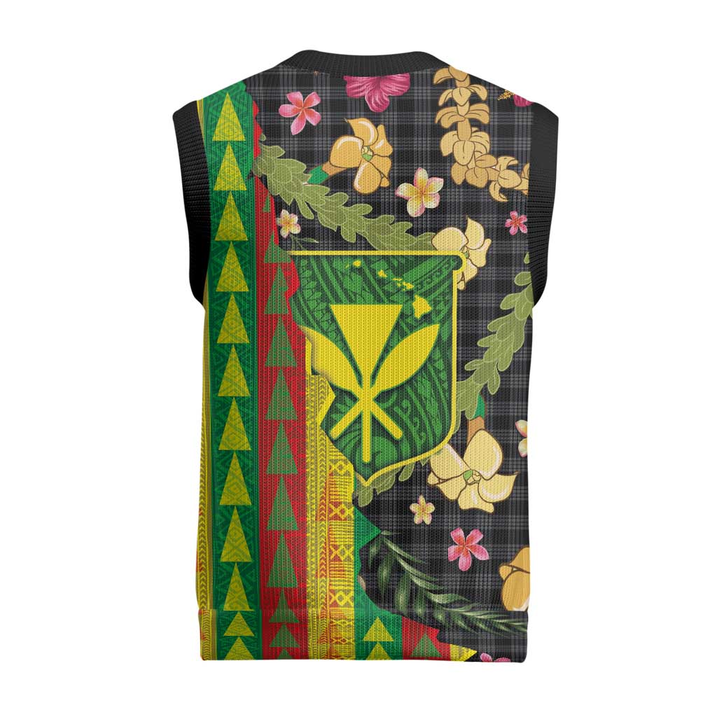 Hawaiian Tropical Plants Lei Christmas Knitted V-Neck Vest Kanaka Maoli Tribal with Palaka Motifs - Polynesian Pride