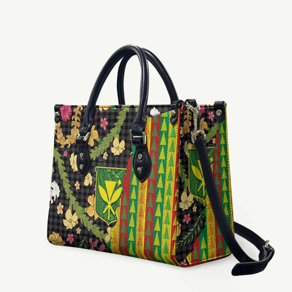Hawaiian Tropical Plants Lei Leather Bag Kanaka Maoli Tribal with Palaka Motifs - Polynesian Pride
