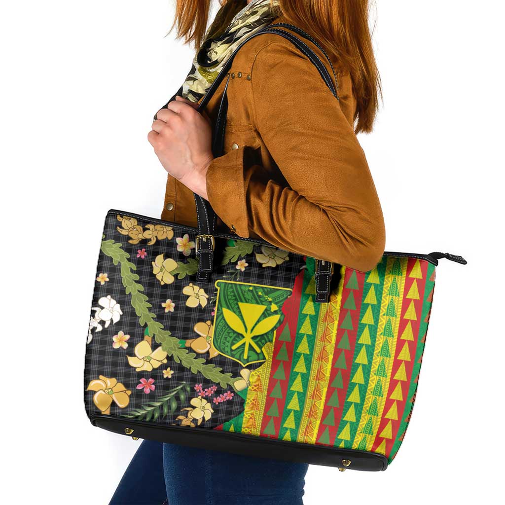 Hawaiian Tropical Plants Lei Leather Tote Bag Kanaka Maoli Tribal with Palaka Motifs - Polynesian Pride