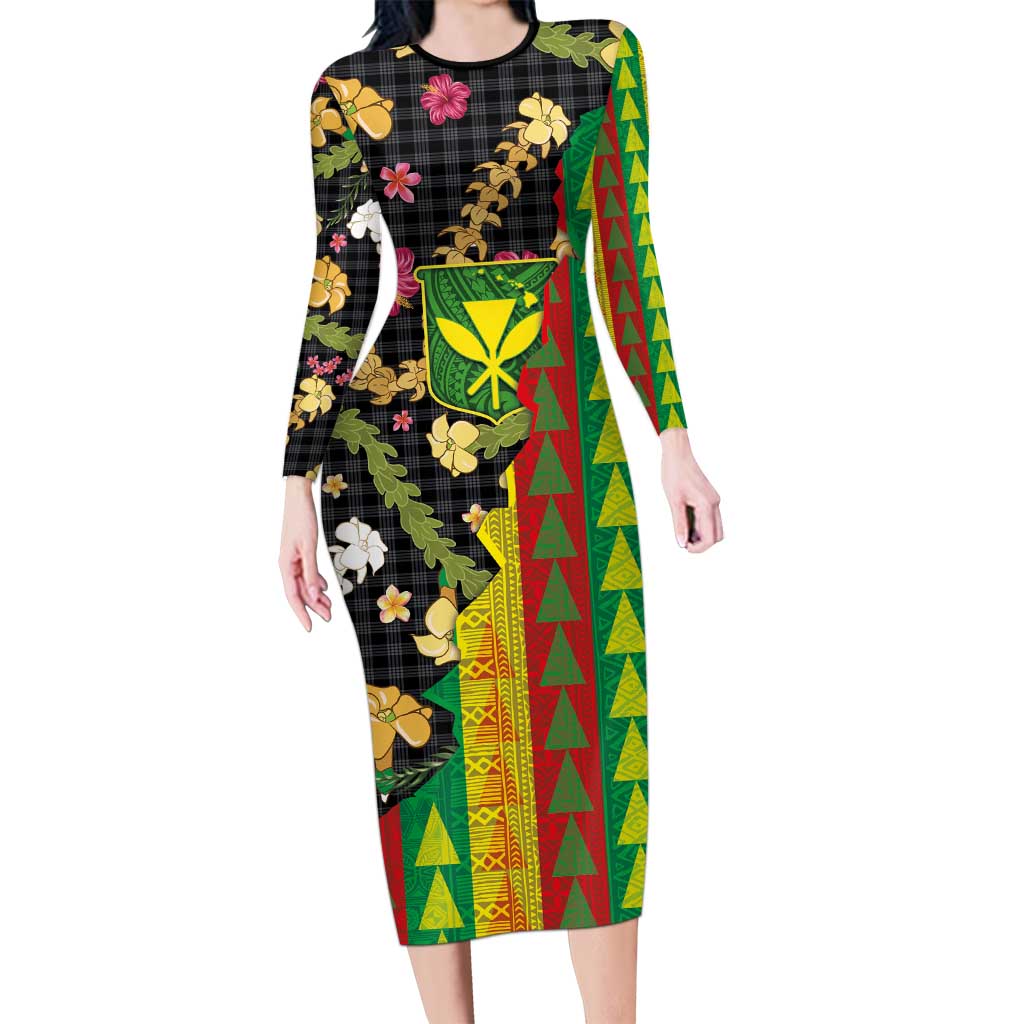 Hawaiian Tropical Plants Lei Long Sleeve Bodycon Dress Kanaka Maoli Tribal with Palaka Motifs - Polynesian Pride