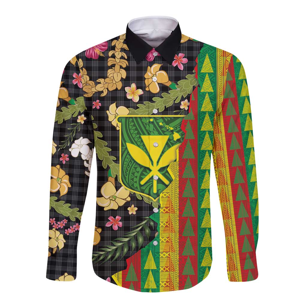 Hawaiian Tropical Plants Lei Long Sleeve Button Shirt Kanaka Maoli Tribal with Palaka Motifs - Polynesian Pride