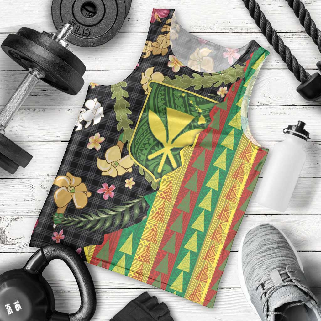 Hawaiian Tropical Plants Lei Men Tank Top Kanaka Maoli Tribal with Palaka Motifs - Polynesian Pride