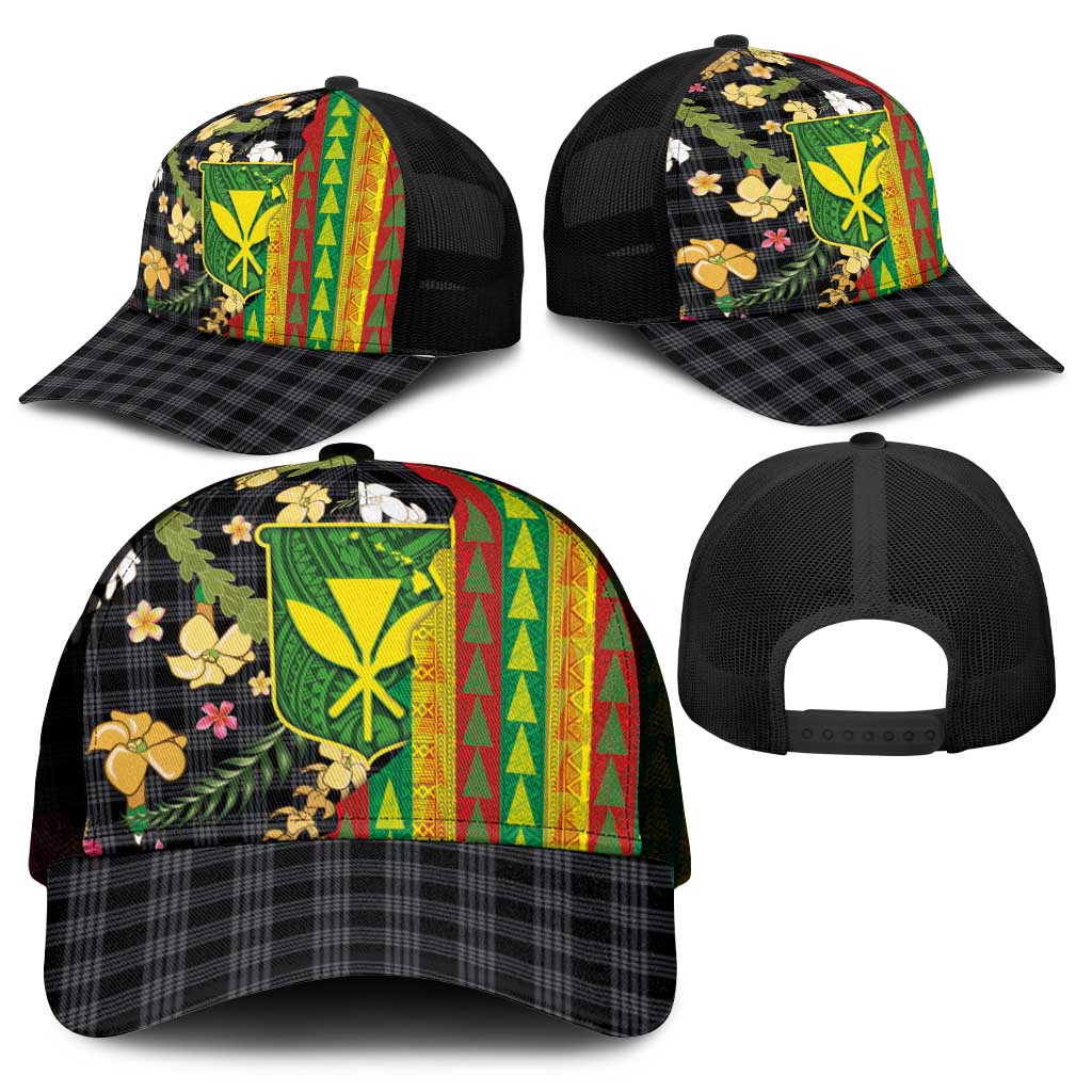 Hawaiian Tropical Plants Lei Mesh Trucker Cap Kanaka Maoli Tribal with Palaka Motifs - Polynesian Pride