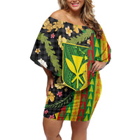 Hawaiian Tropical Plants Lei Off Shoulder Short Dress Kanaka Maoli Tribal with Palaka Motifs - Polynesian Pride