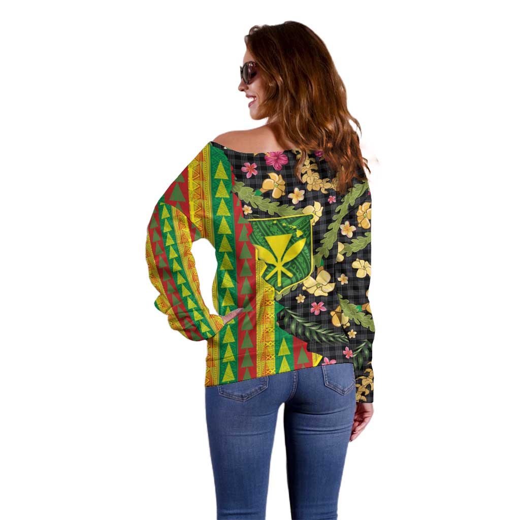 Hawaiian Tropical Plants Lei Off Shoulder Sweater Kanaka Maoli Tribal with Palaka Motifs - Polynesian Pride
